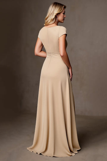 Champagne Satin Ruffled A Line Long Mother of the Bride Dress with Slit